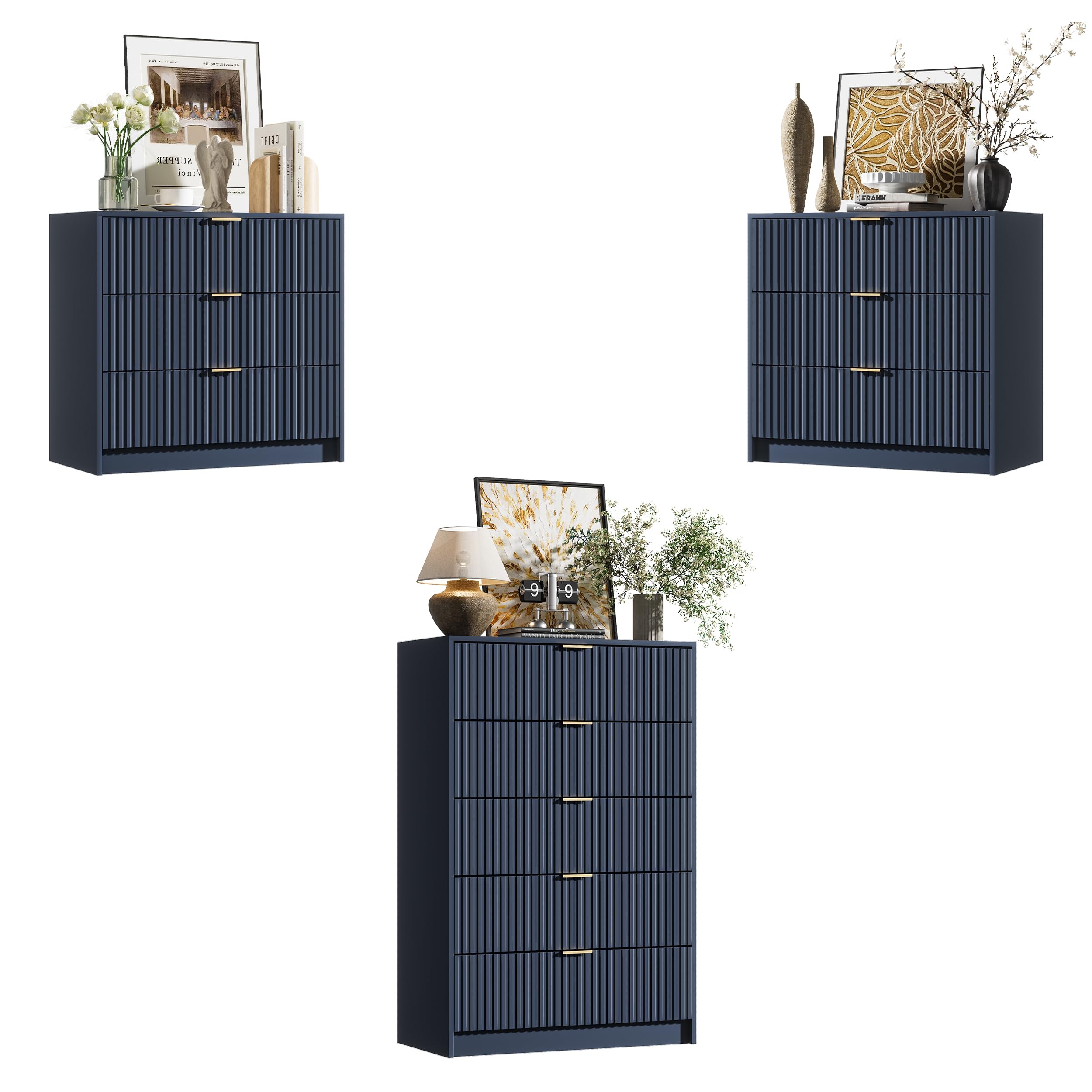 3 Piece Modern Bedroom Set, 5 Drawer Dresser with 2 Nightstands, Navy Blue