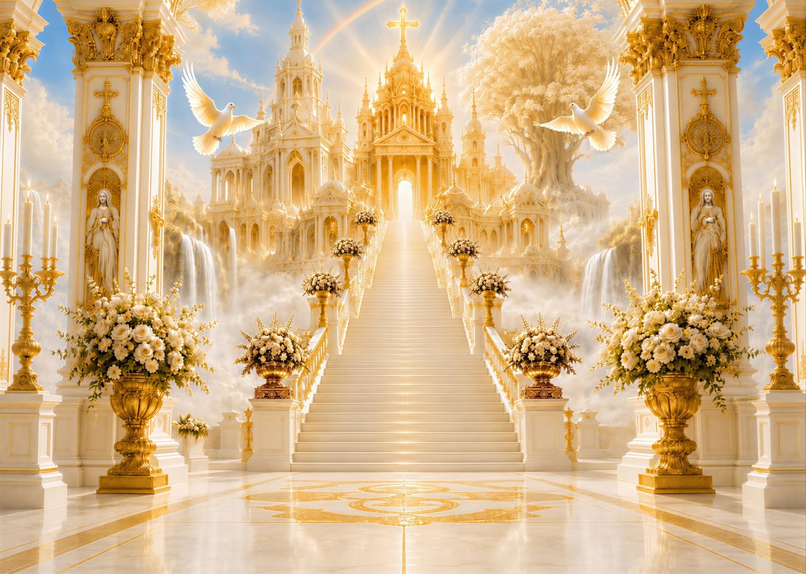 10x8FT (3x2.5m) Palazzo Celeste Dorato Sfondo Fotografico | Santuario Divino Fondale In Tessuto Resistente,Colonne Dorate E Colombe Bianche,Feste Cristiane,Personalizzabile,Photo Booth