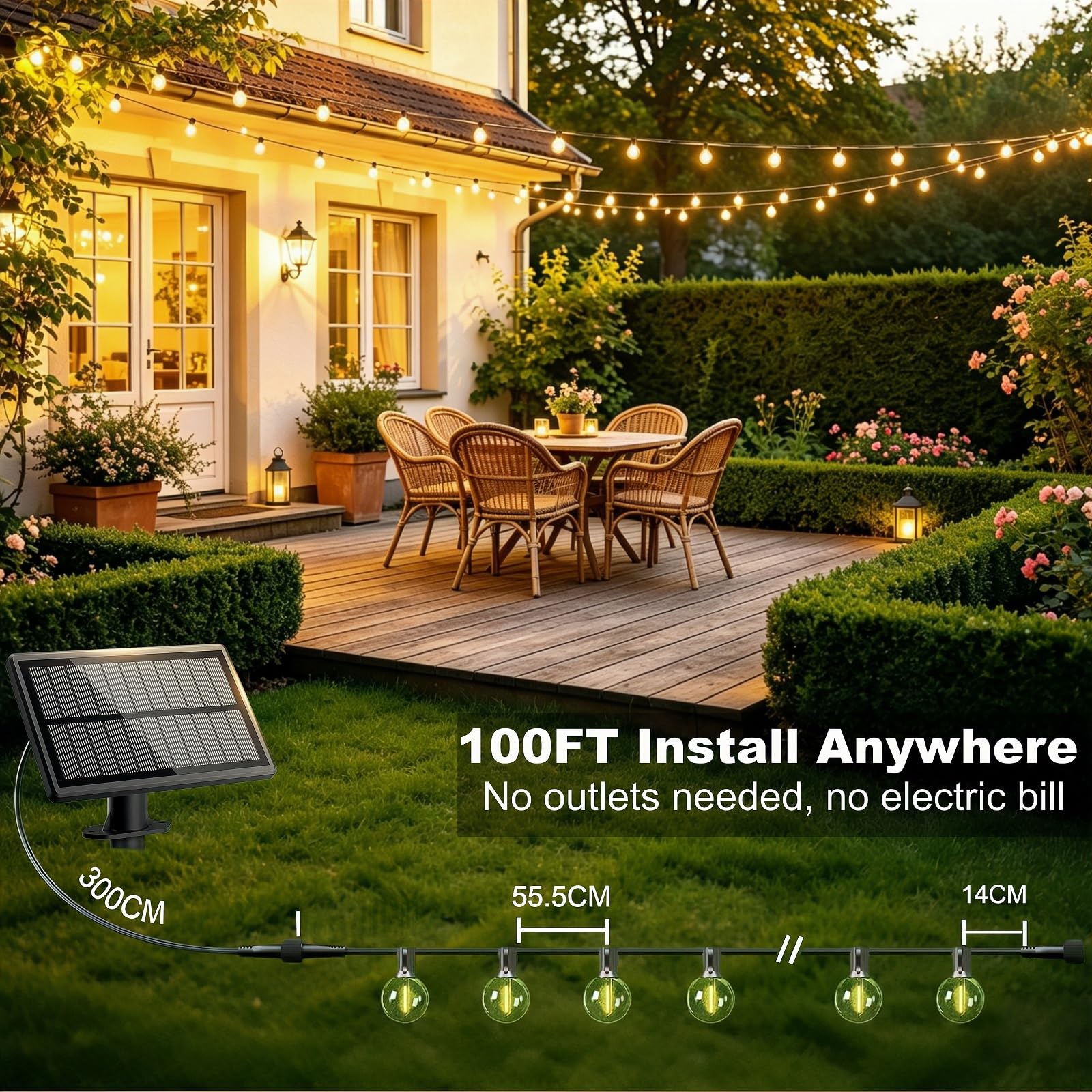Solar Lichterkette Outdoor 30M, Wasserdicht Bruchsichere | Lichterkette Außen mit 50+2 Kunststoffbirne, Solar & USB Aufladung, 3 Lichtmodi für großer Garten, Hof, Terrasse, Außenfeier