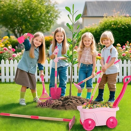 Miniatura 4 de Duckura Juego de herramientas de jardinería para niños, juego de 7 piezas de carretilla para niños con pala, rastrillo, rastrillo de hojas, juguetes