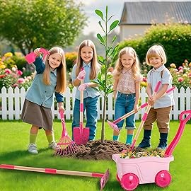 Duckura Kids Gardening Tools Set - 7pcs Wheelbarrow Set for Kids with Shovel, Rake, Leaf Rake, Summer Outdoor Yard Digging Weed Toys, Christmas Birthday Gifts for Boys Girls Age 2 3+ Years Old(Pink)