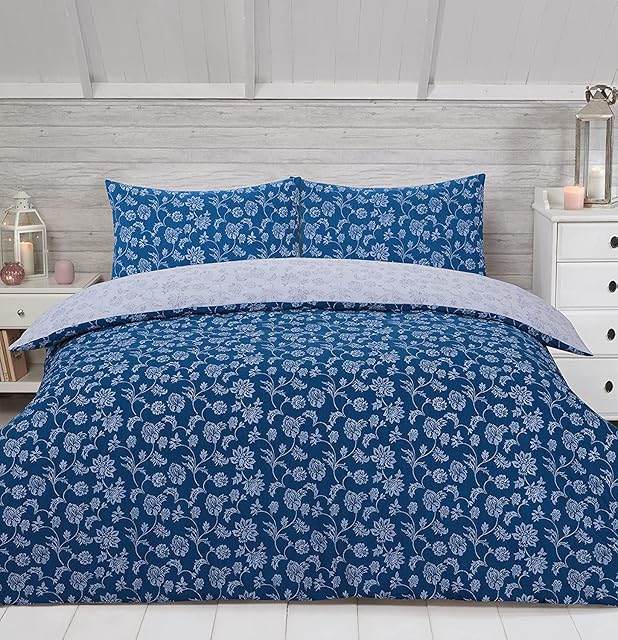 Night Comfort Polycotton Double Duvet Cover Set with Pillowcases - Classic Style Floral Print Percale Quilted Hotel Quality Full Bed Set Reversible Duvet and Pillow Cover