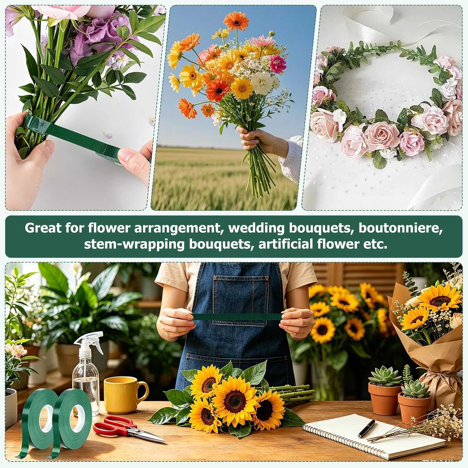 2 Roll Green Floral Tape, 1/2 in x 30 Yard Waterproof Flower Tape | Adhesive Florist Tape, Floral Tape for Fresh Flowers, Bouquet Stem Wrapping, Floral Crafts and Wedding Bouquet