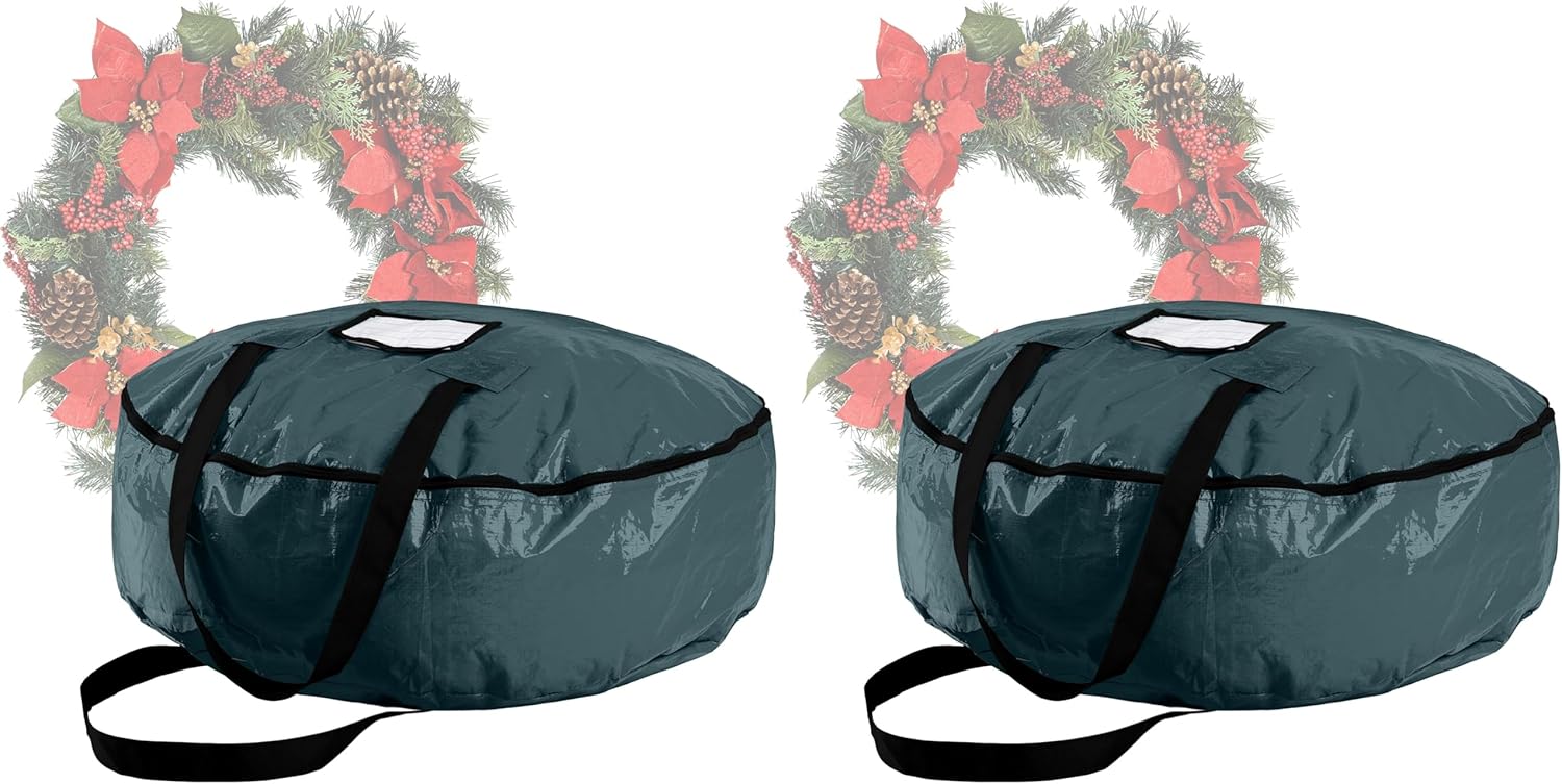Christmas Wreath Storage Bag - 24-Inch Zippered Tote with Handles - Plastic Container for Artificial Holiday Wreaths and Garlands by Elf Stor (Green) (Pack of 2)