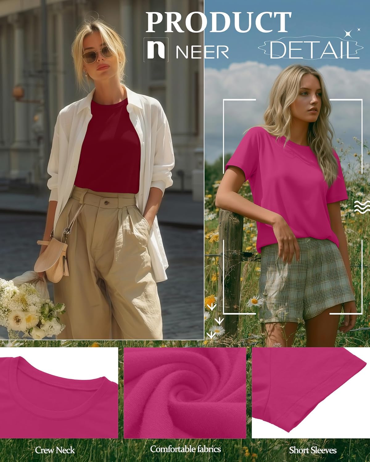 Neer 4 Pack Women's Crew Neck T Shirts Summer Short Sleeve Casual Basic Tops Loose Fit Flat Hem Tees