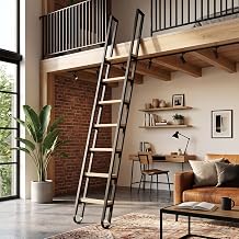9.2Ft Library Ladder Fits7.2-8FT Installation Height, Loft Ladder with 7Steps & 450lbs Capacity, Sliding Ladder with Handrails, Solid Wood Steps, ScratchResistant for Bookshelf, Attic Home, Warehouse