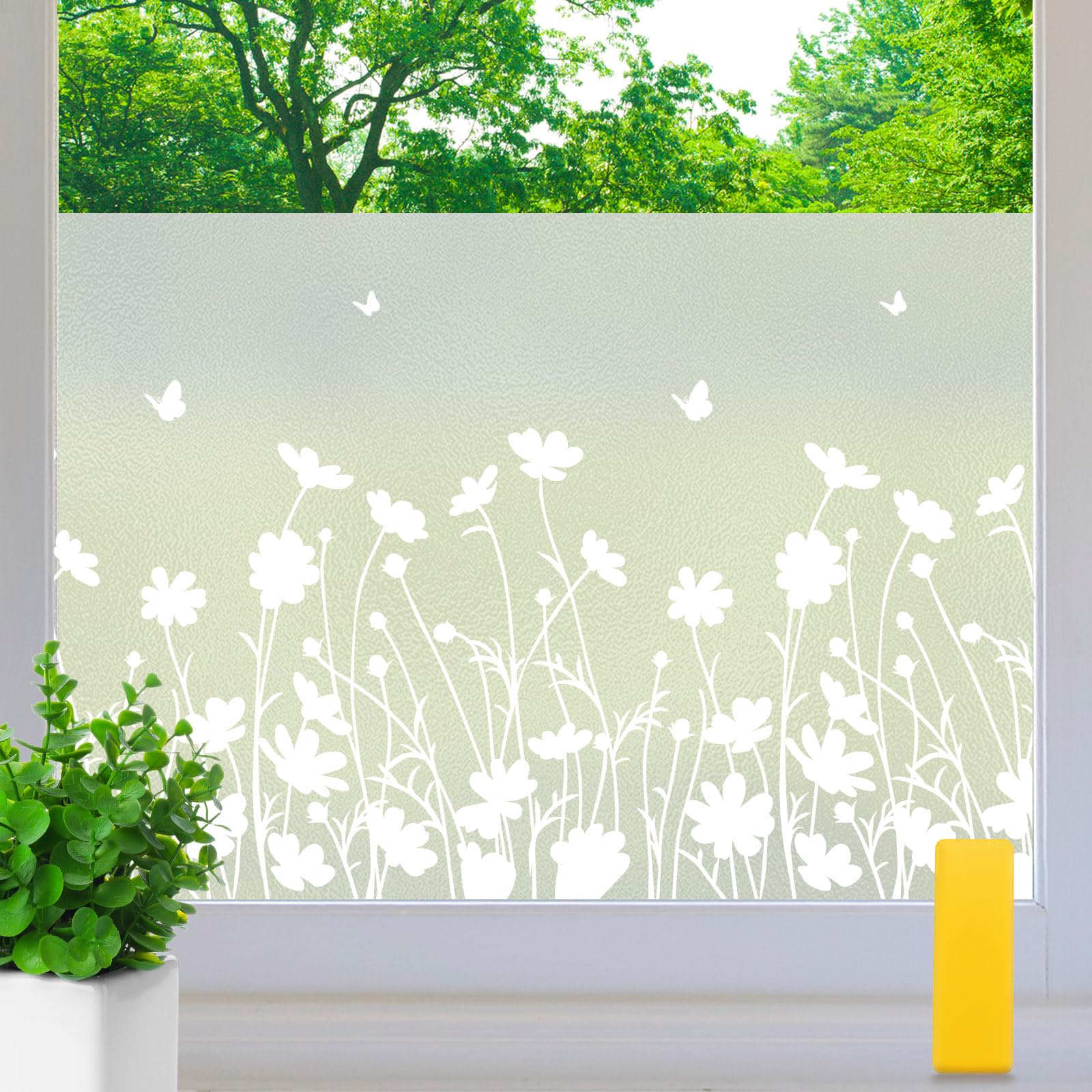 Aurathon Frosted Window Film Privacy Opaque Window Film Flowers Patterned with Tools Privacy Protection Anti UV No Glue Static Cling Covering for Bedroom Bathroom Kitchen Office (90x200cm)