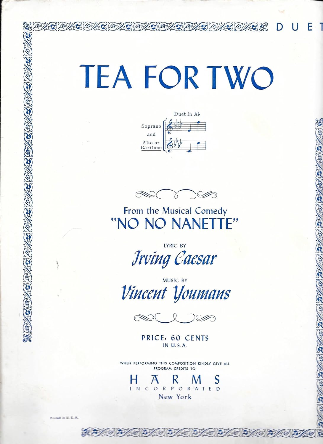 Tea For Two Song Vocal Duet Lyric by IRVING CAESAR, Music by