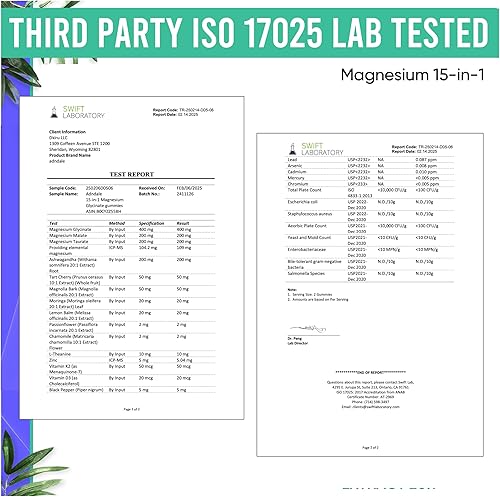 Miniatura 5 de Adndale Gomitas de glicinato de magnesio 15 en 1 de 90 ct, 400 mgserv, con malato de magnesio, Ashwagandha, cereza ácida, corteza de magnolia,