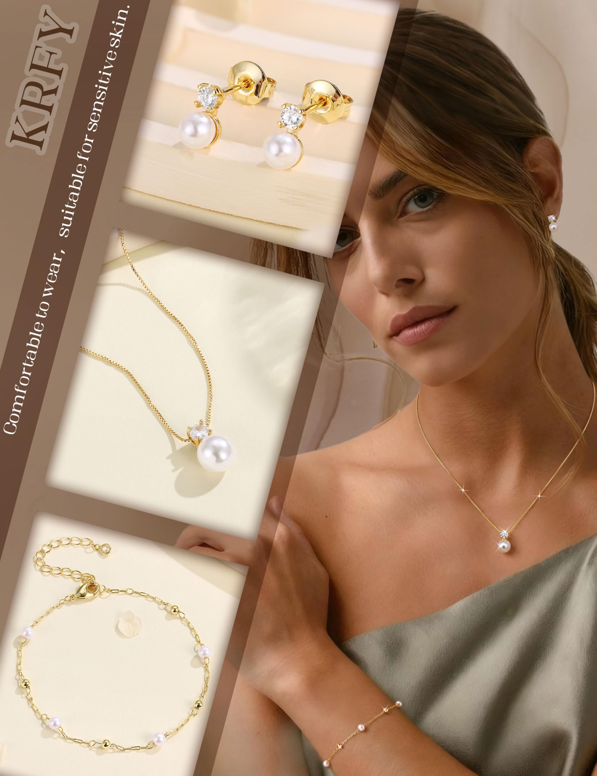 Krfy Schmuck Set Damen Gold Silber Schmuckset Edelstahl Perlen Halskette Armbänder Ohrringe Silberschmuck Kubik Zirkonia Bogen Damenkette Armband Ohrstecker Perlenkette Schmuck Damen
