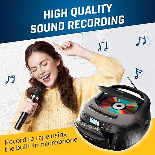 Miniatura 8 de KLIM Reproductor de CD y reproductor de cinta de cassette, Bluetooth Boombox, radio AMFM, sonido estéreo, control remoto, combo de CD y cassette,