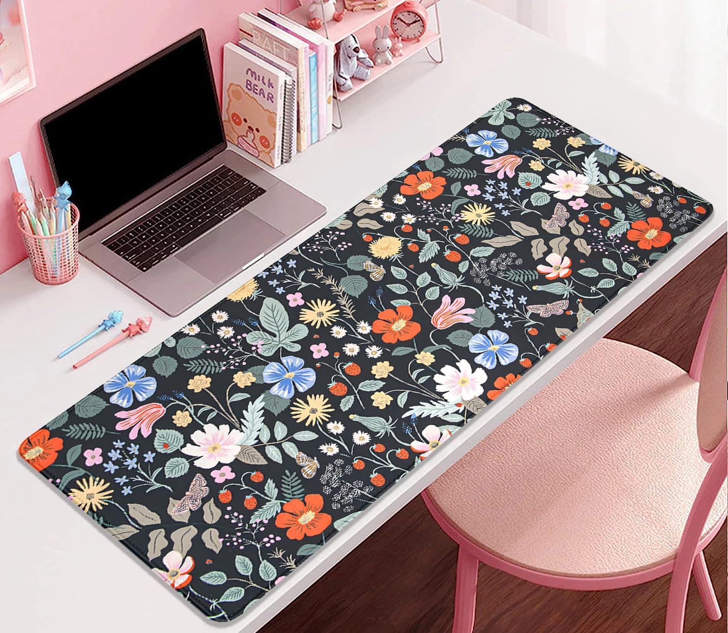 Strawberry Flowers Mouse Pad Desk Pad,Extended Gaming Mouse Mat with Stitched Edges Non-Slip Waterproof Rubber Base Mous Mat for Office,Computer,Keyboard,Laptop and Home Desk Pad(27.5X11.8 in) - Image 4