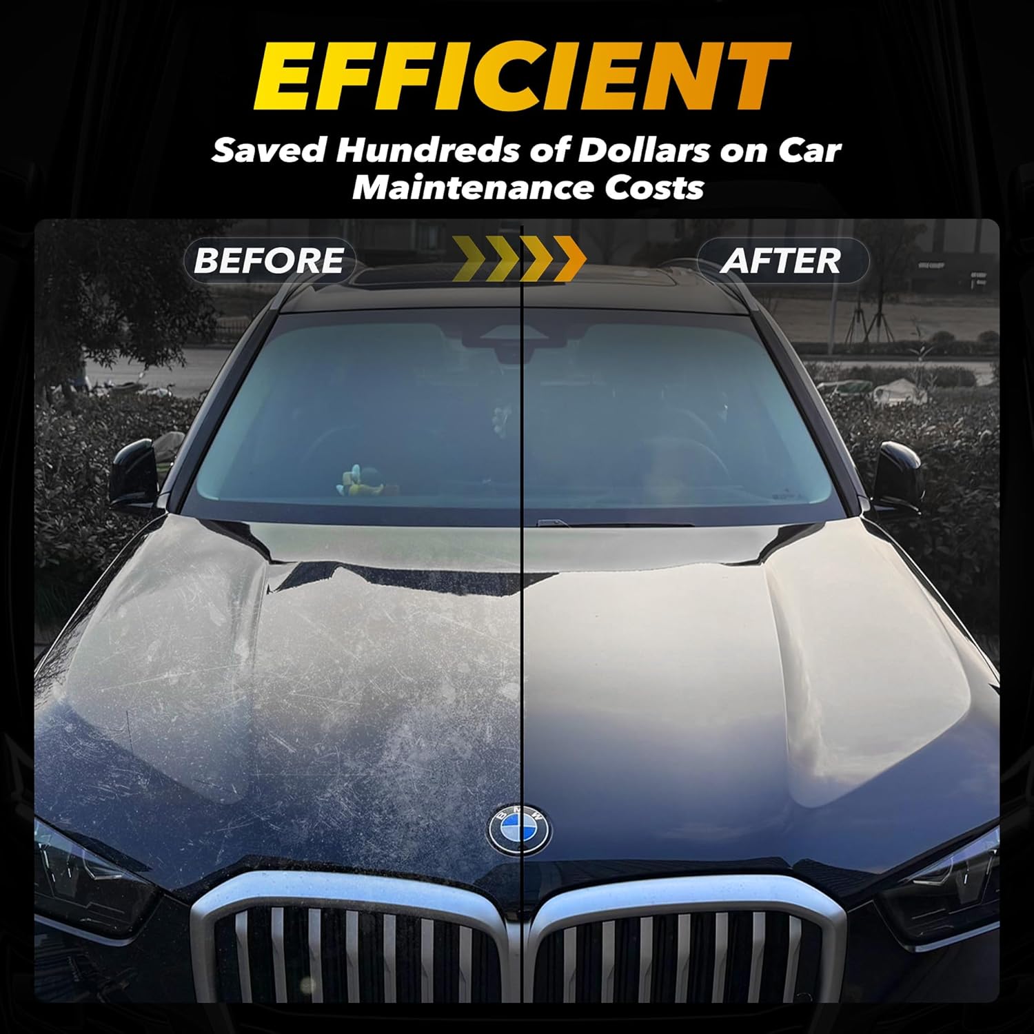 Collage of images showing the GEVEELIFE polisher being used on a car, glass, furniture, metal, floor, and marble surfaces.