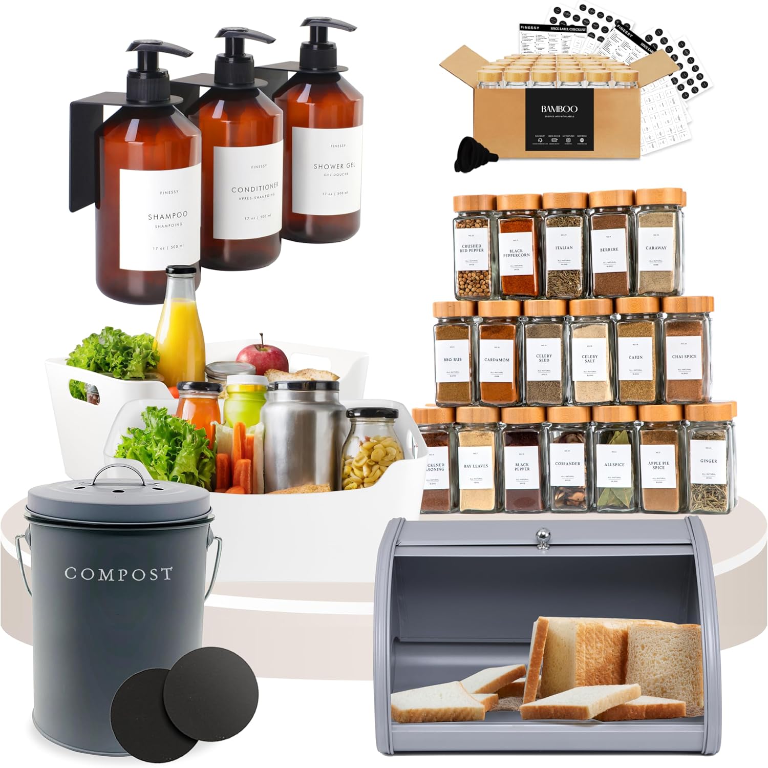 FINESSY Shower Dispenser Set + Spice Jars with Label Bamboo + Bread Box for Kitchen Counter + Kitchen Compost Bin + Storage Bins Bundle