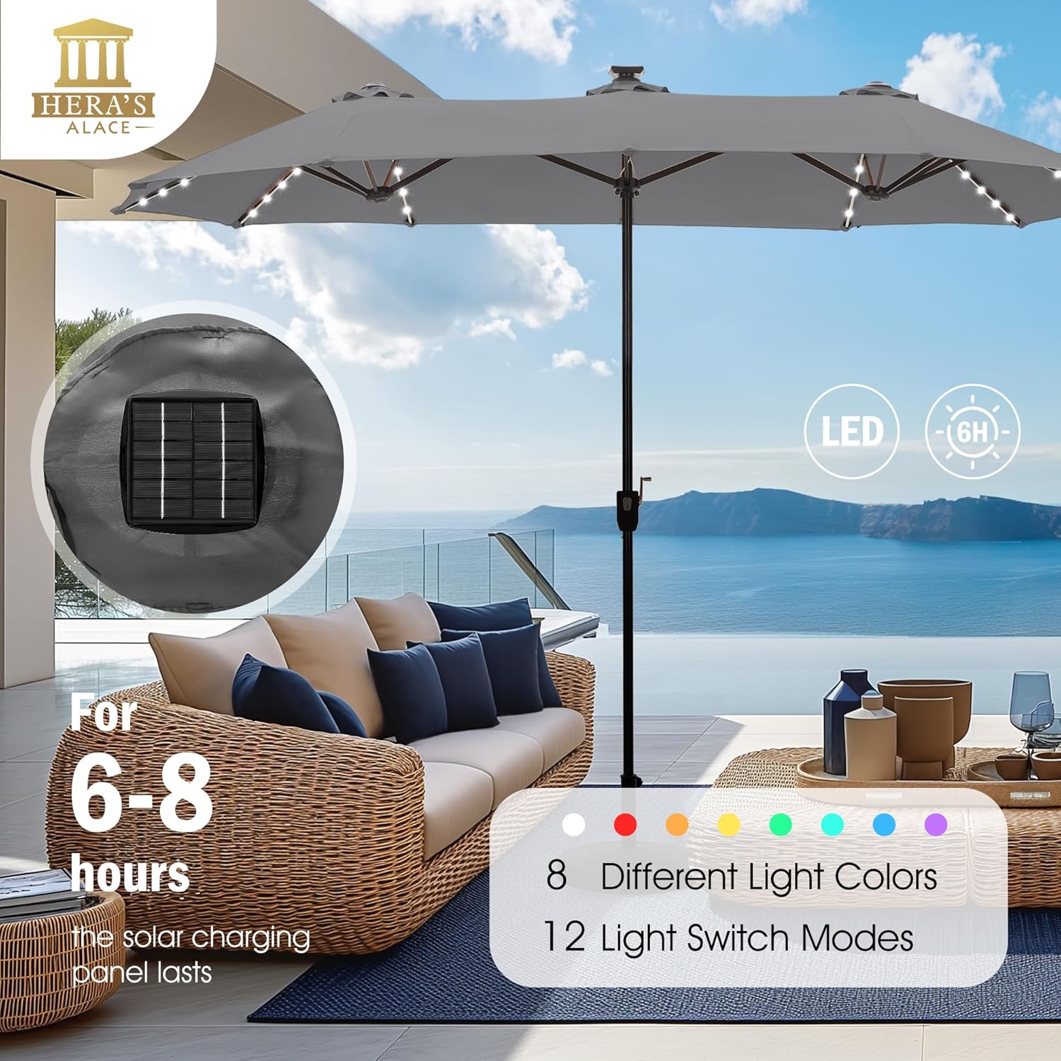 HERA'S PALACE 13ft Patio Umbrella with 120 LED Solar Lights Double Sided Outdoor Umbrella for Patio 8 Colors Changing Table Umbrella Outdoor Patio for Garden Pool