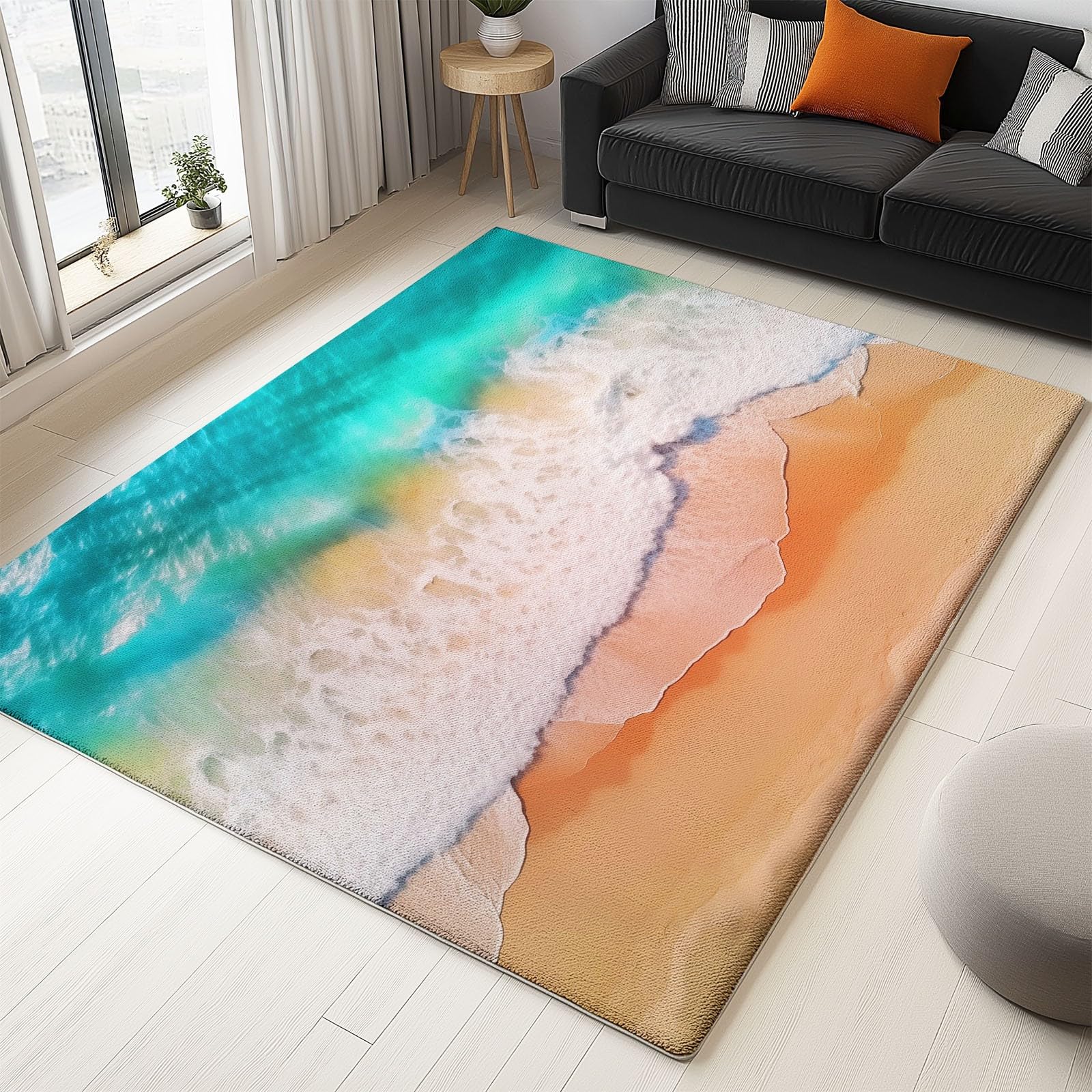 Générique Tapis de Salon 140 x 200 cm Tapis Poil Court Fin Doux Léger Résistant, Vagues et Rayures Plage Super Doux Côtier pour Salle à Manger et Bureau Chambre Cuisine