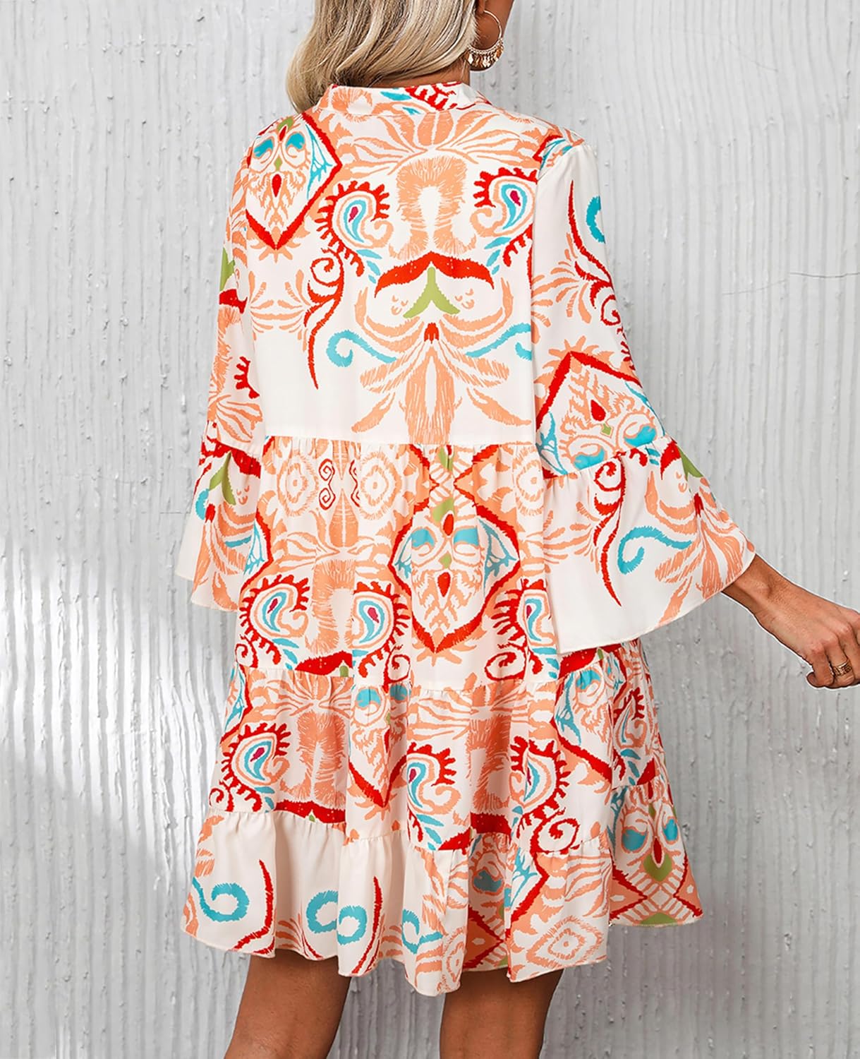 SELINK Womens Long Sleeve Dresses Casual V Neck Tribal Print Button Flowy Boho Mini Beach Dress - Image 2