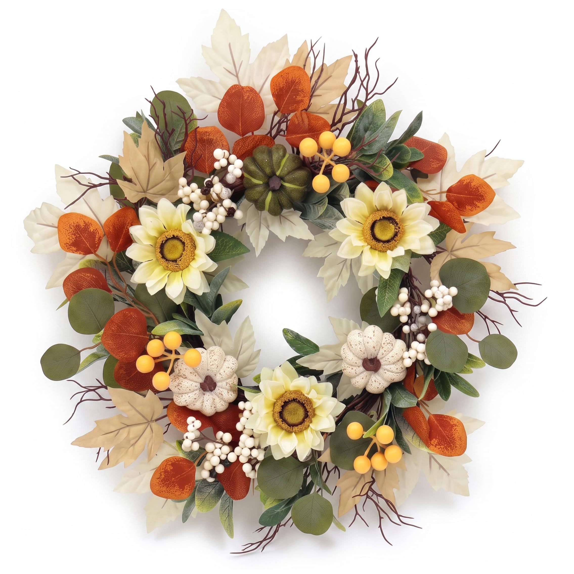 Fall Front Door Wreath, Berry & Pumpkin Autumn Wreath, 17.72 Inch