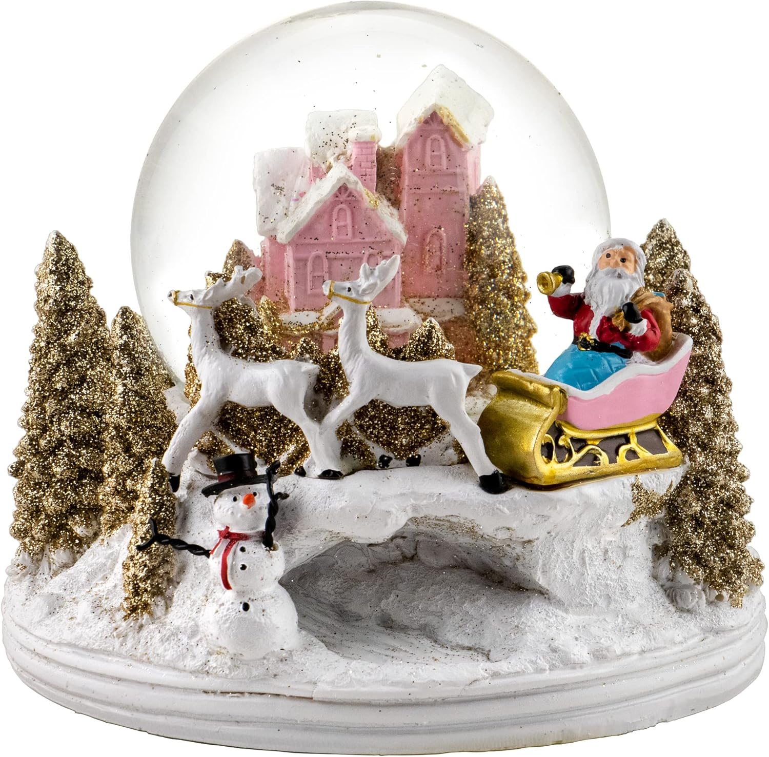 Santa w/Reindeer Pink Cottage Snow Globe by The San Francisco Music Box Company