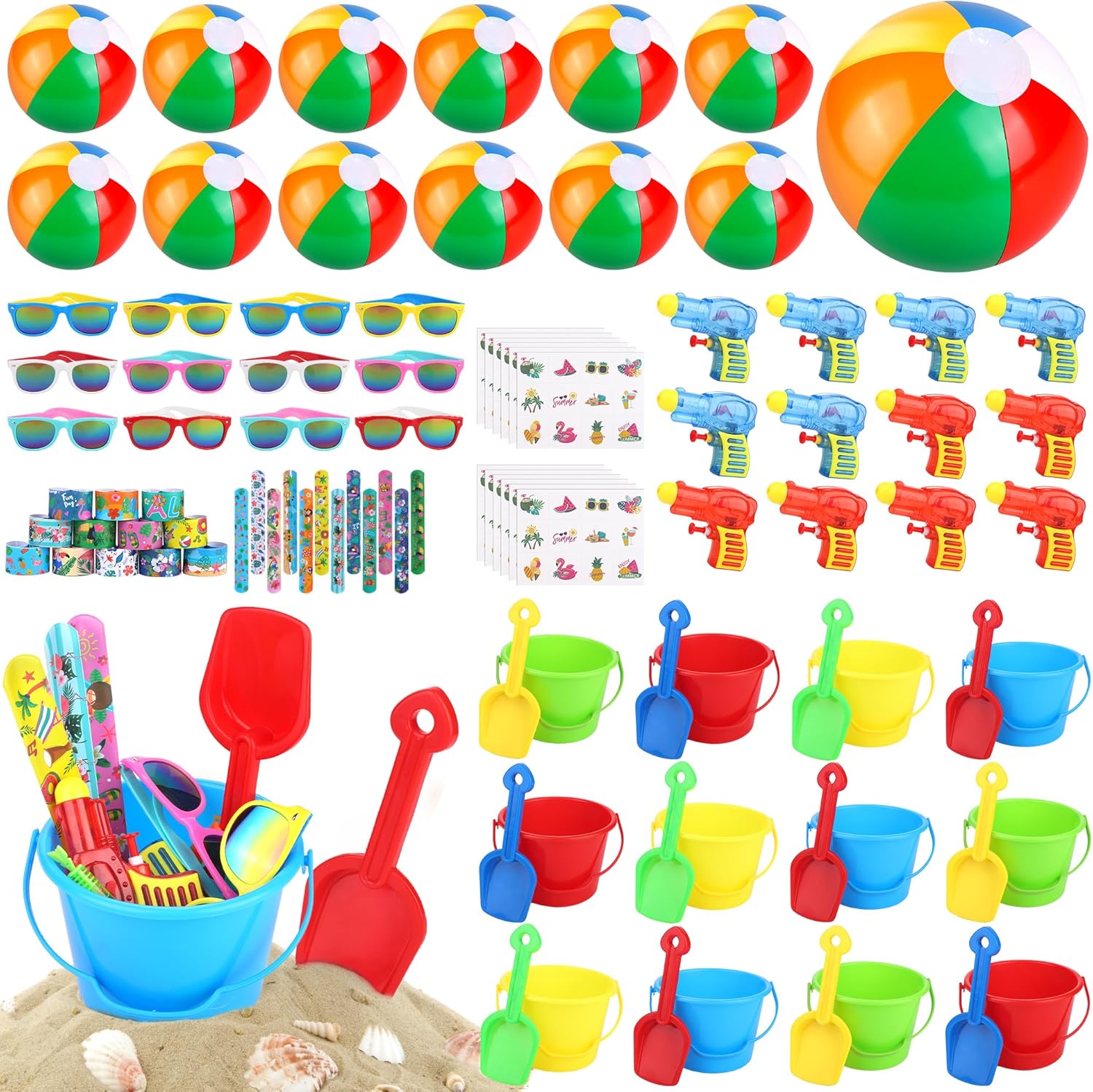 Elcoho 72 Pieces Pool Party Favors Beach Sand Toys Set Sunglasses Beach Ball Sand Bucket and Shovels Set Water Squirt Guns Slap Bracelets Summer Party Favors for Birthday Graduation