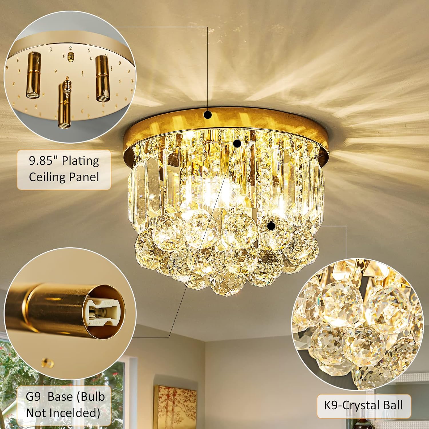 Round Crystal Lamp Chandelier,Modern Gold G9 Ceiling Mount Fixture Dia.9.85" x H8.25 for Living Room Dining Room Hallway (3 Light) …