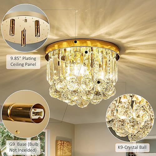 Miniatura 6 de Lámpara redonda de cristal, moderna lámpara de techo dorada G9 de diámetro x 8.25 pulgadas de alto para sala de estar, comedor, pasillo (3 luces)