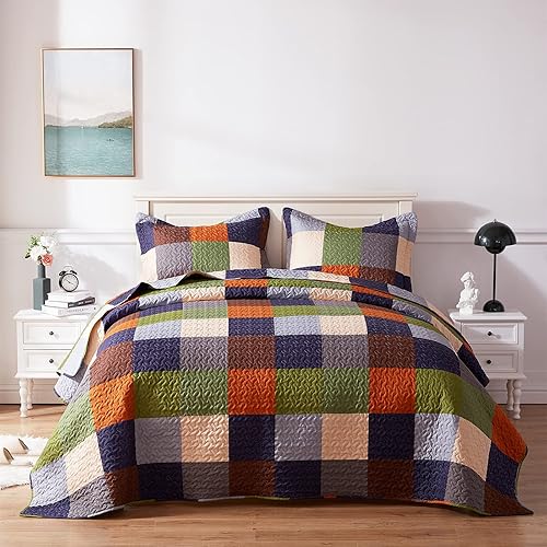 SunStyle Home Juego de edredón tamaño Queen, colcha ligera de microfibra suave reversible con patrón acolchado de verano para todas las estaciones,