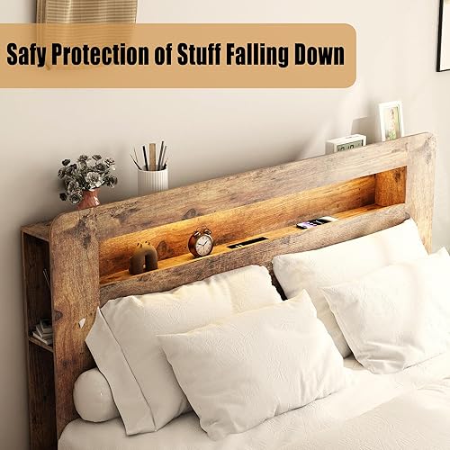 Miniatura 3 de Estructura de cama de madera tamaño Queen con cabecero de almacenamiento, estructura de cama de plataforma estilo granja con estante de biblioteca y