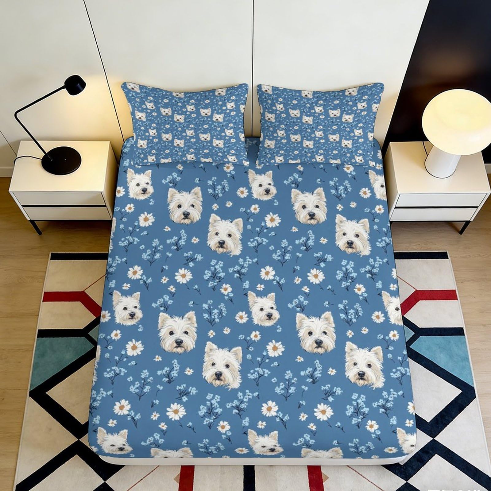 Pnayamiorkfel Style-1 3D Printed Westie Dog Floral Fitted Sheet Microfiber Non-Slip Bed Cover For Bedroom Decor Mattress Protection 90X200x25cm