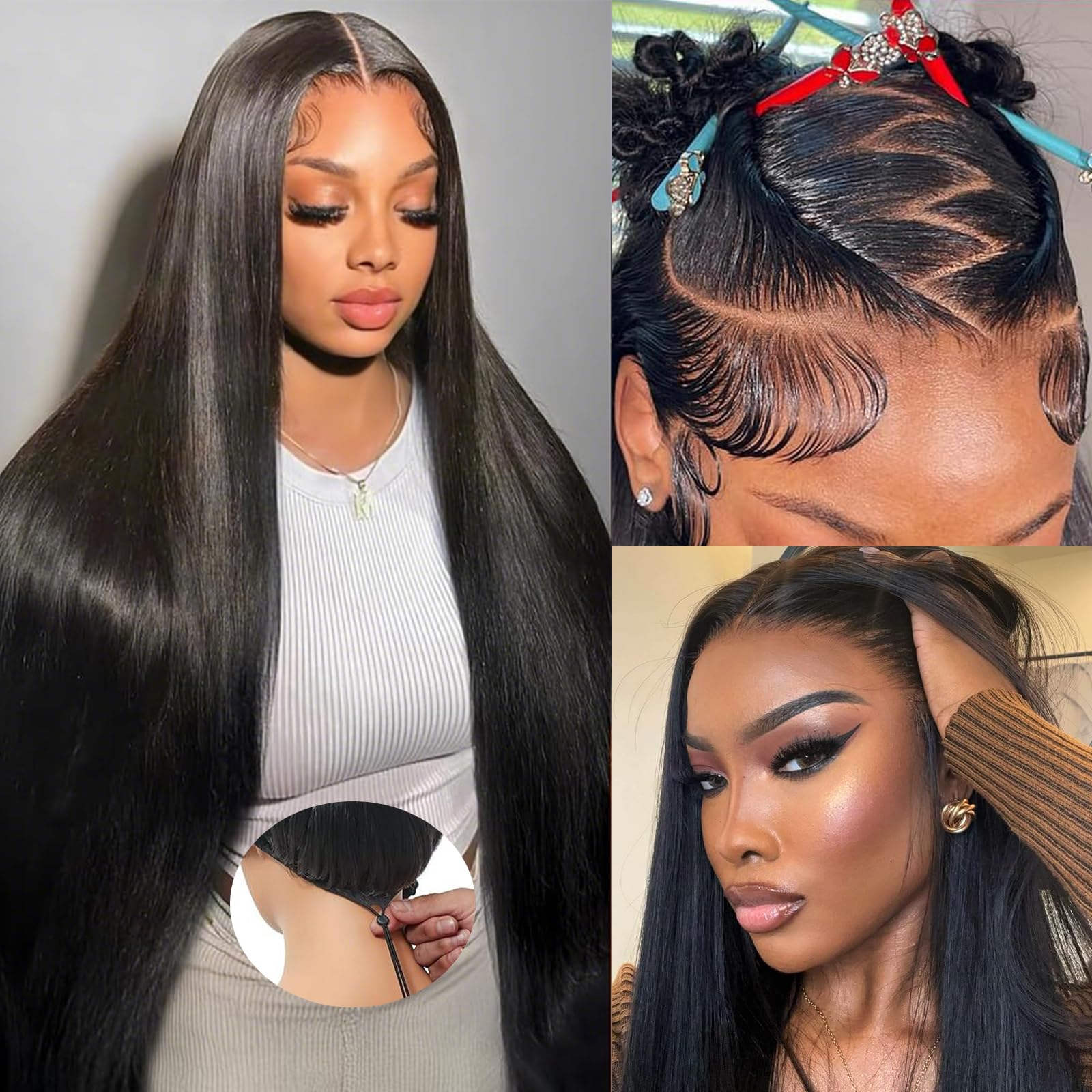 Oxeyegirl 32 Inch Bone Straight Human Hair Wig for Black Women,13X6 HD Lace 180% Density Lace Front Wigs Human Hair with Elastic Drawstring,Glueless Brazilian Virgin Silky Straight Hairs Pre-Plucked