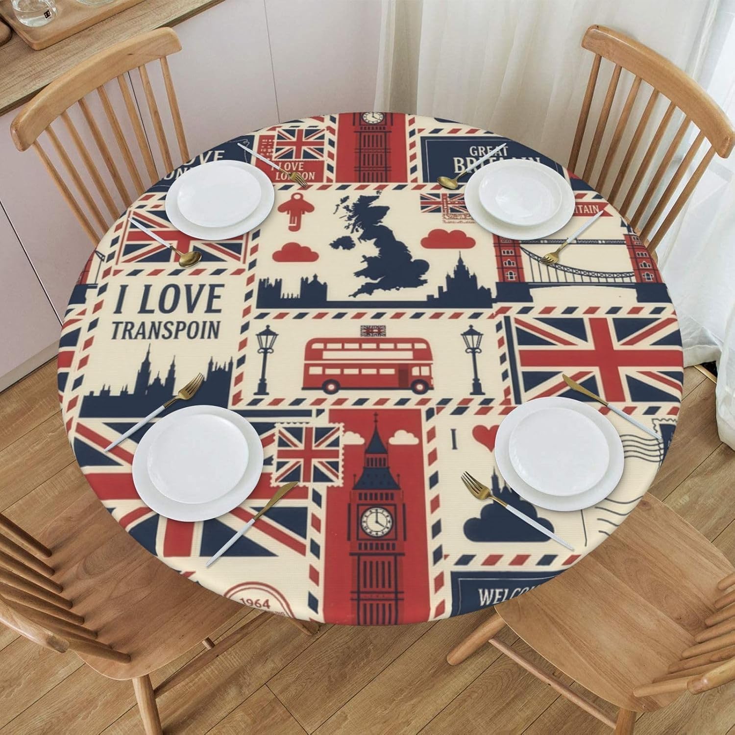 British Flag Envelopes and Buildings Round Tablecloth Elastic Edge Design Table Cover Table Cloth Table Decor for Home Kitchen Dining Party,Medium（Fits 45-50 inches）