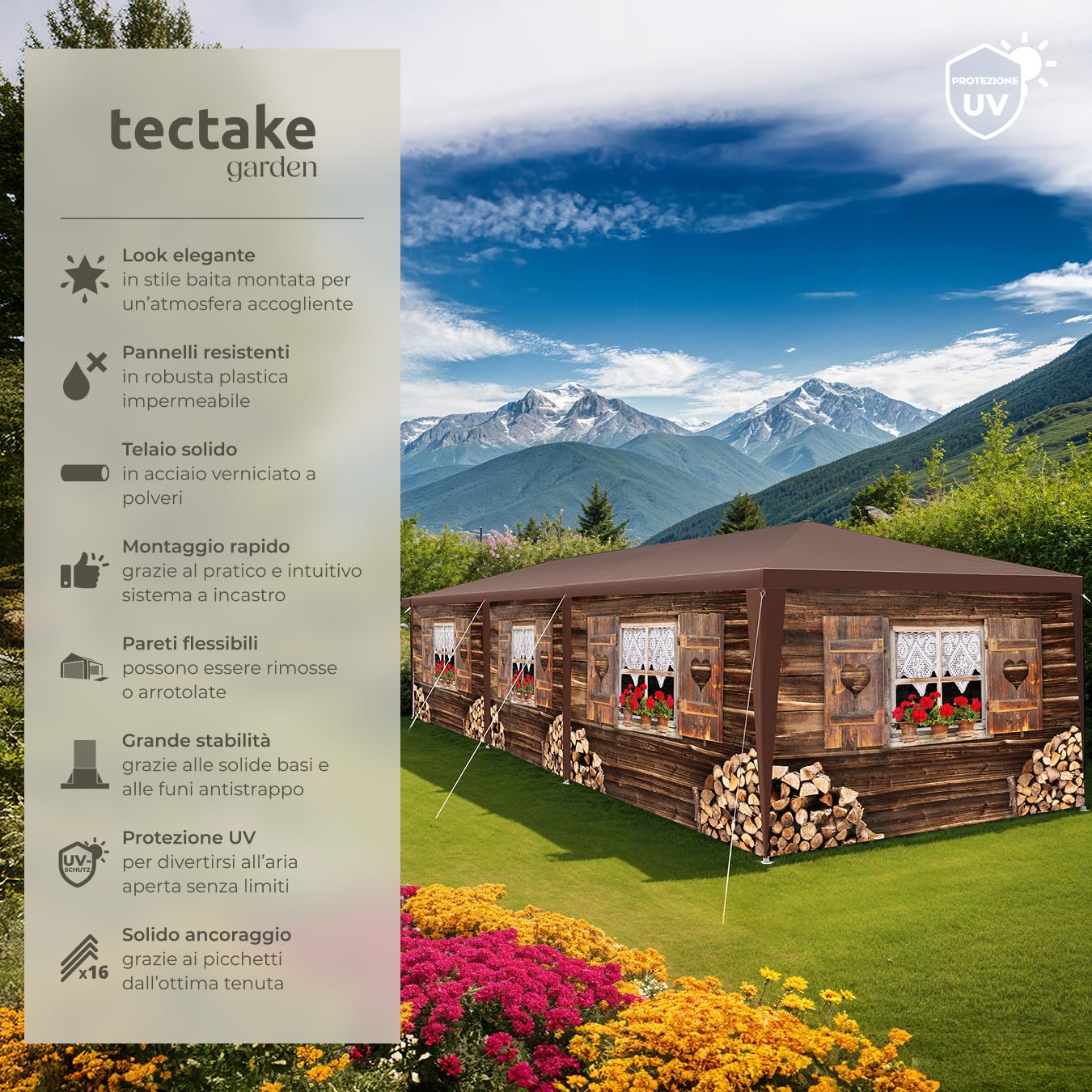 tectake® Gazebo Esterno Resistente 3x9 m, 8 Pannelli Laterali Rimovibili, Impermeabile, Struttura in Acciaio, Copertura UV, Tendone per Feste, Matrimoni, Campeggio, Gazebi Terrazzo Esterno - Rustico