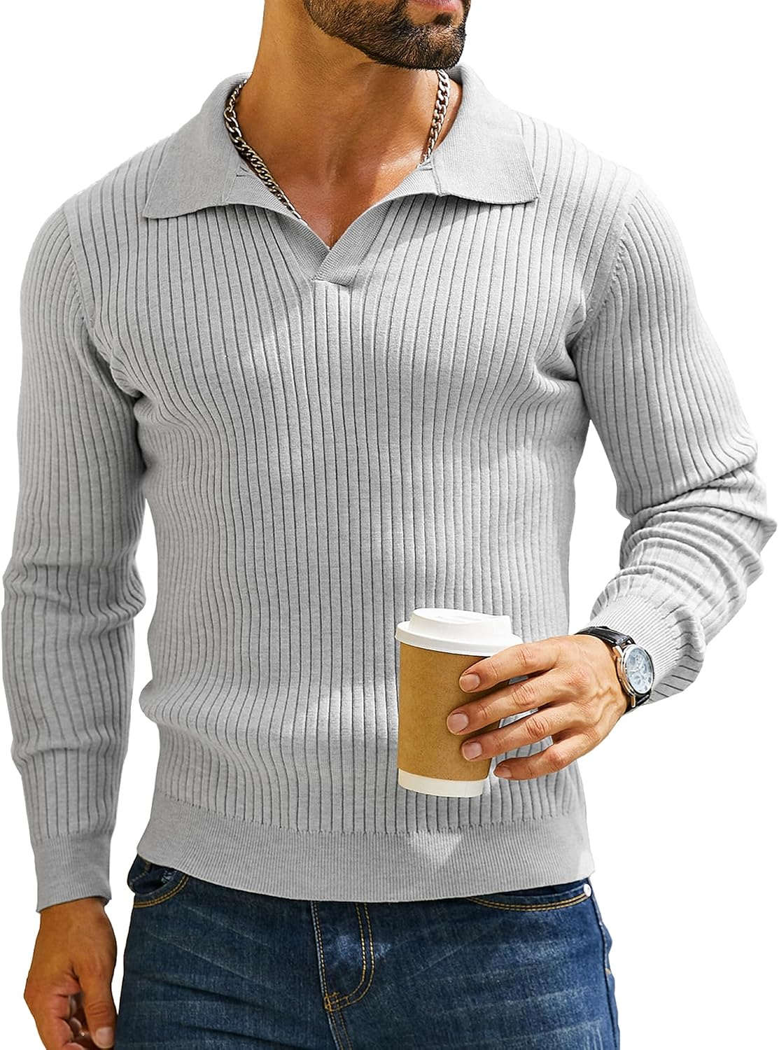 Mens Polo Shirts Ribbed Hollow Knit Polo Shirt Short Sleeve Muscle V Neck Golf Tees