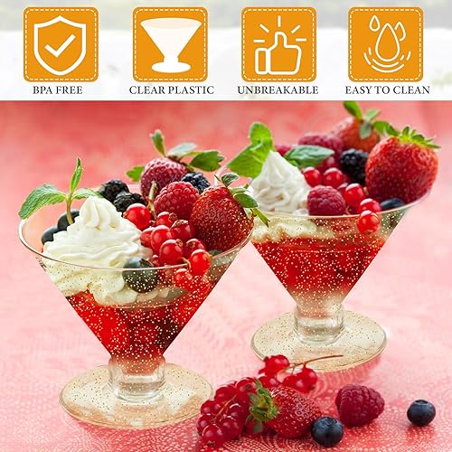 Miniatura 4 de Yinkin Vasos de Martini de plástico de 5 onzas desechables con purpurina dorada, mini vasos de Martini irrompibles para postre de parfait para boda,