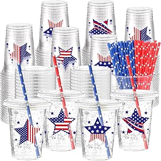 Chuangdi 50 Sets Patriotic Stars Cups 16 oz 4th of July Plastic Cups with Lids Straws American Flag Disposable Drinking Container Bulk for Beverage Independence Day Memorial Day Party Supplies
