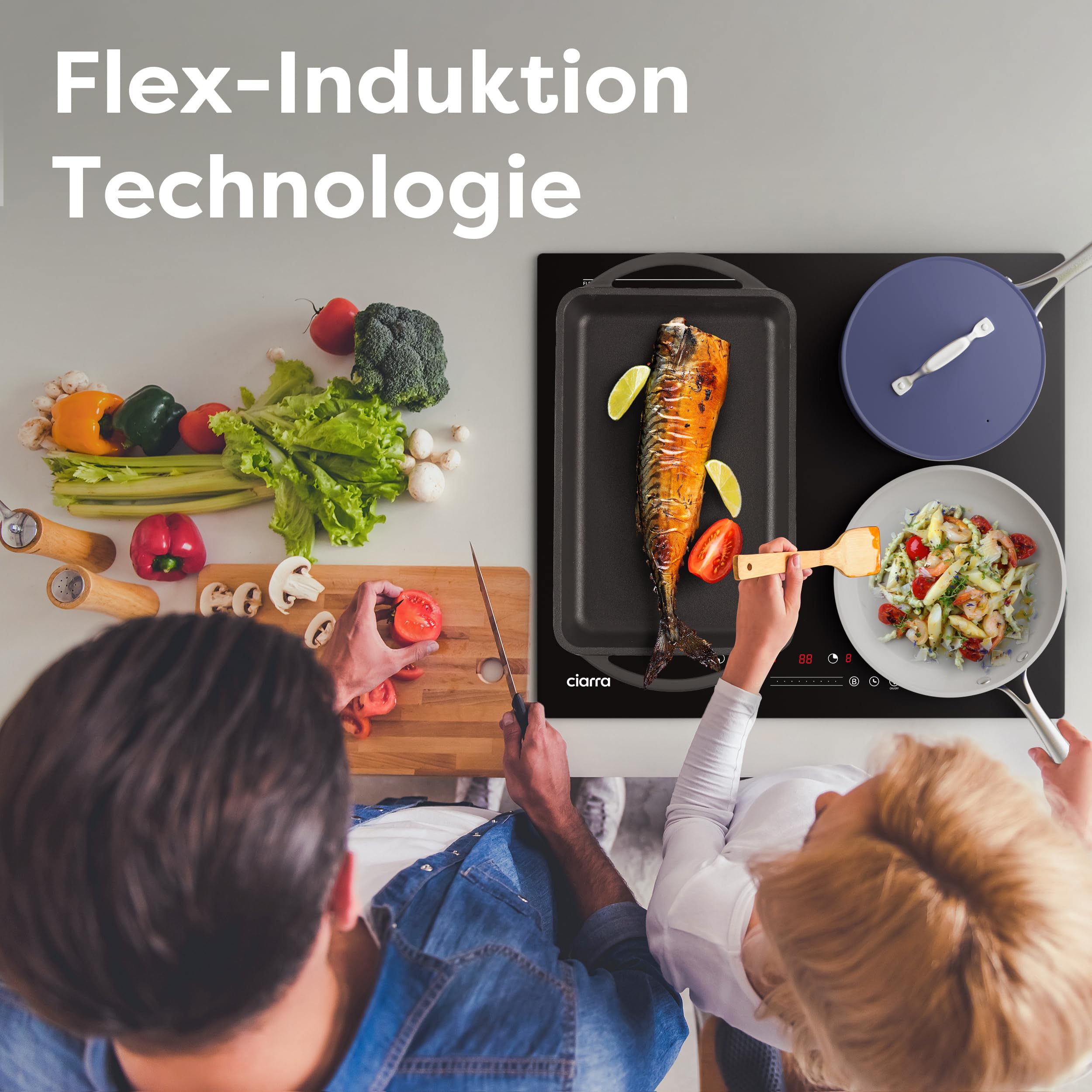 CIARRA CBBIH4BF Induktionskochfeld 60 cm Flexzonen Einbau 4 Platten mit Bridge Bräterzone PowerBoost Slider Touch-Bedienung Induktion Kochfeld 9 Stufen Timer Kindersicherung Überhitzungsschutz 7200 W