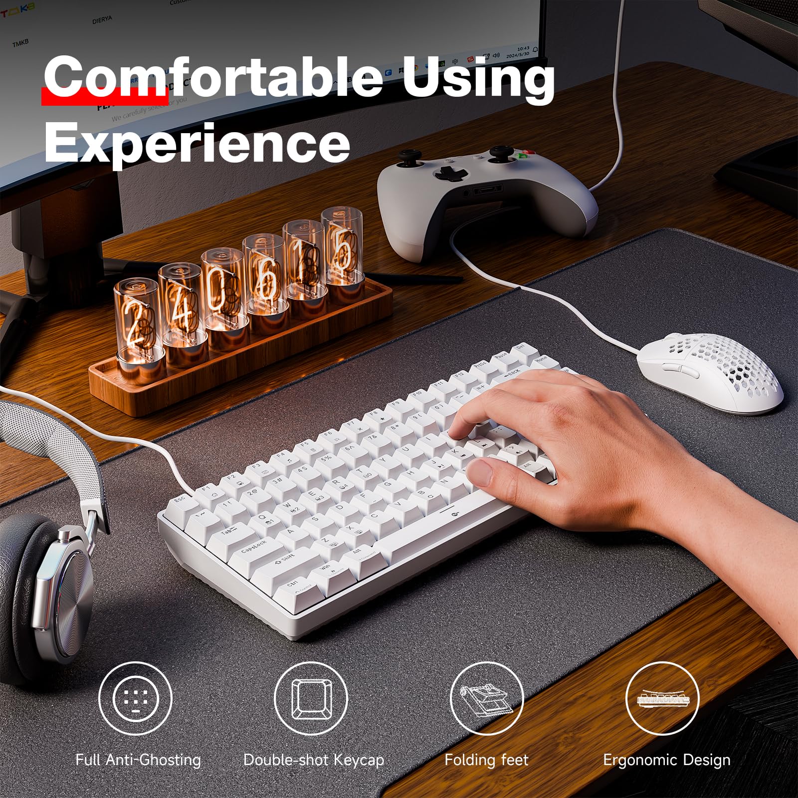 TMKB T84SE Tastiera Meccanica, Layout QWERTY US, Tastiera Gaming a 84 Tasti con LED Blu, N-Key Rollover Blue Switch per PC Windows/Mac OS, Bianco