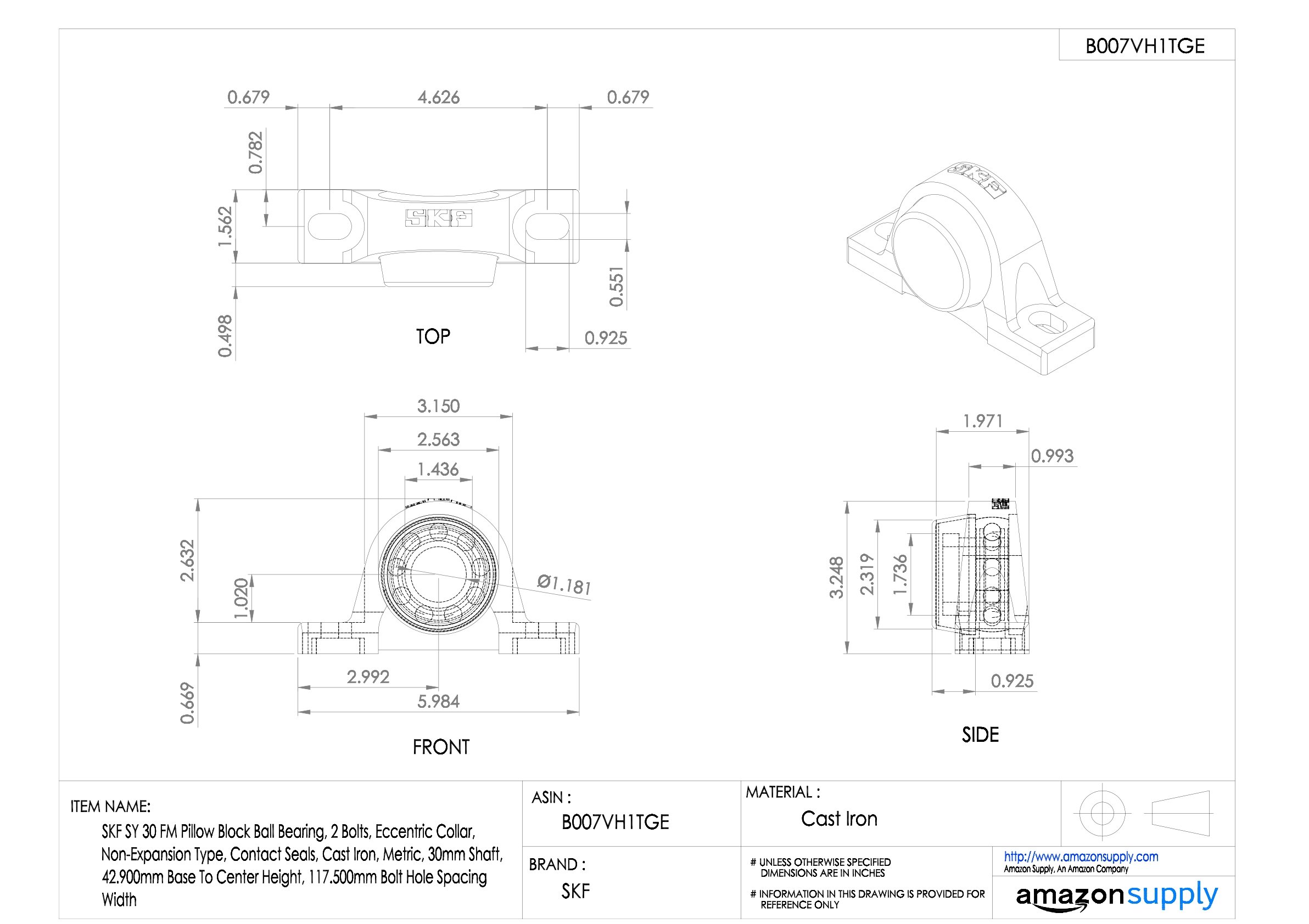 SKF Taie d'oreiller Bloc à roulement à billes, 2 boulons, col, excentriques Non-expansion type, contact, joints, Fonte, métrique, 30mm Shaft, 42.900mm Base To Center Height, 117.500mm Bolt Hole Spacing Width, 1