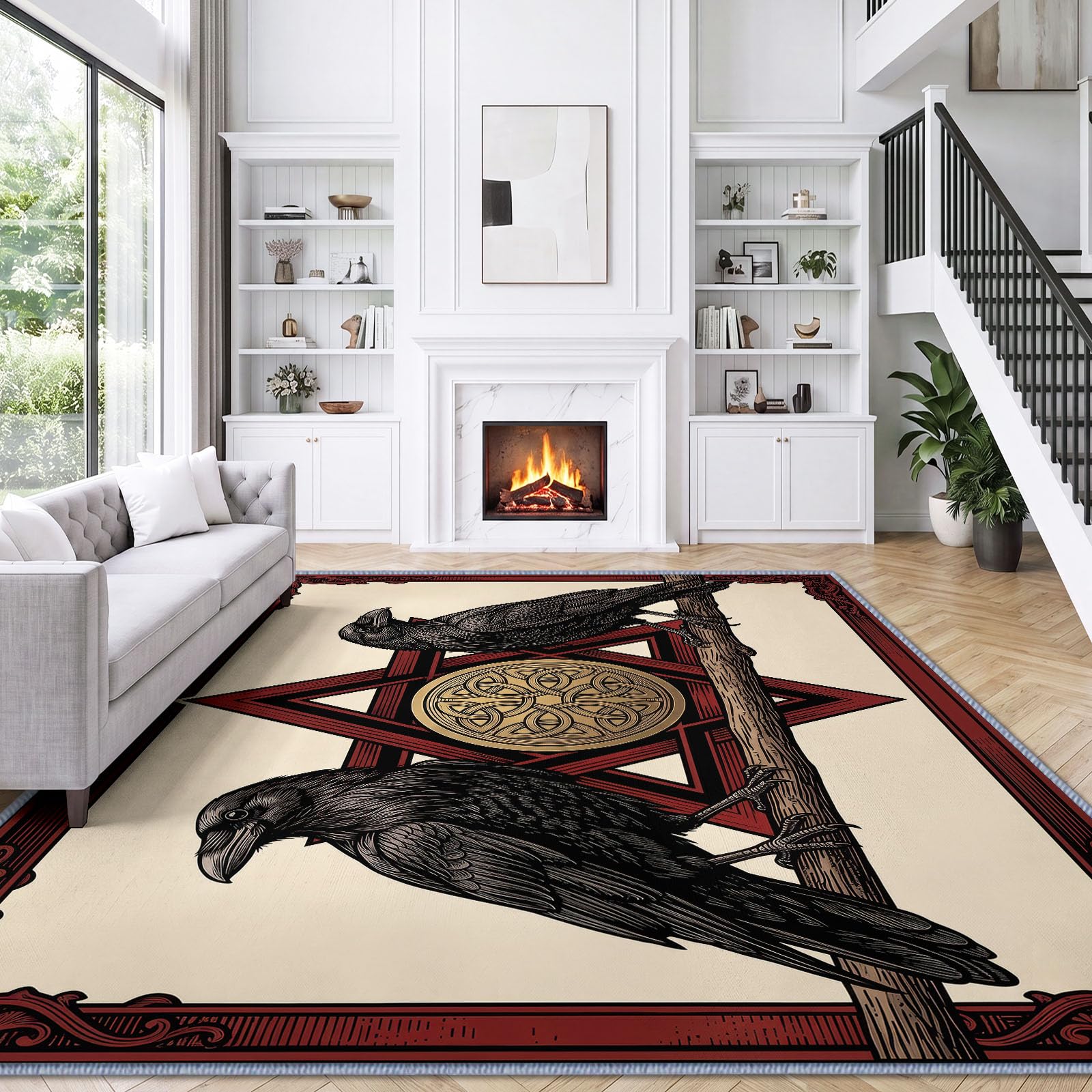 140 x 200 cm Tapis Antidérapant de Salon Fantaisie Animaux Corbeau Hexagone, Beige Grand Tapis à Poil Ras Doux Lavable en Machine avec Motif Imprimé pour Chambre Enfant Chambre Salle à Manger