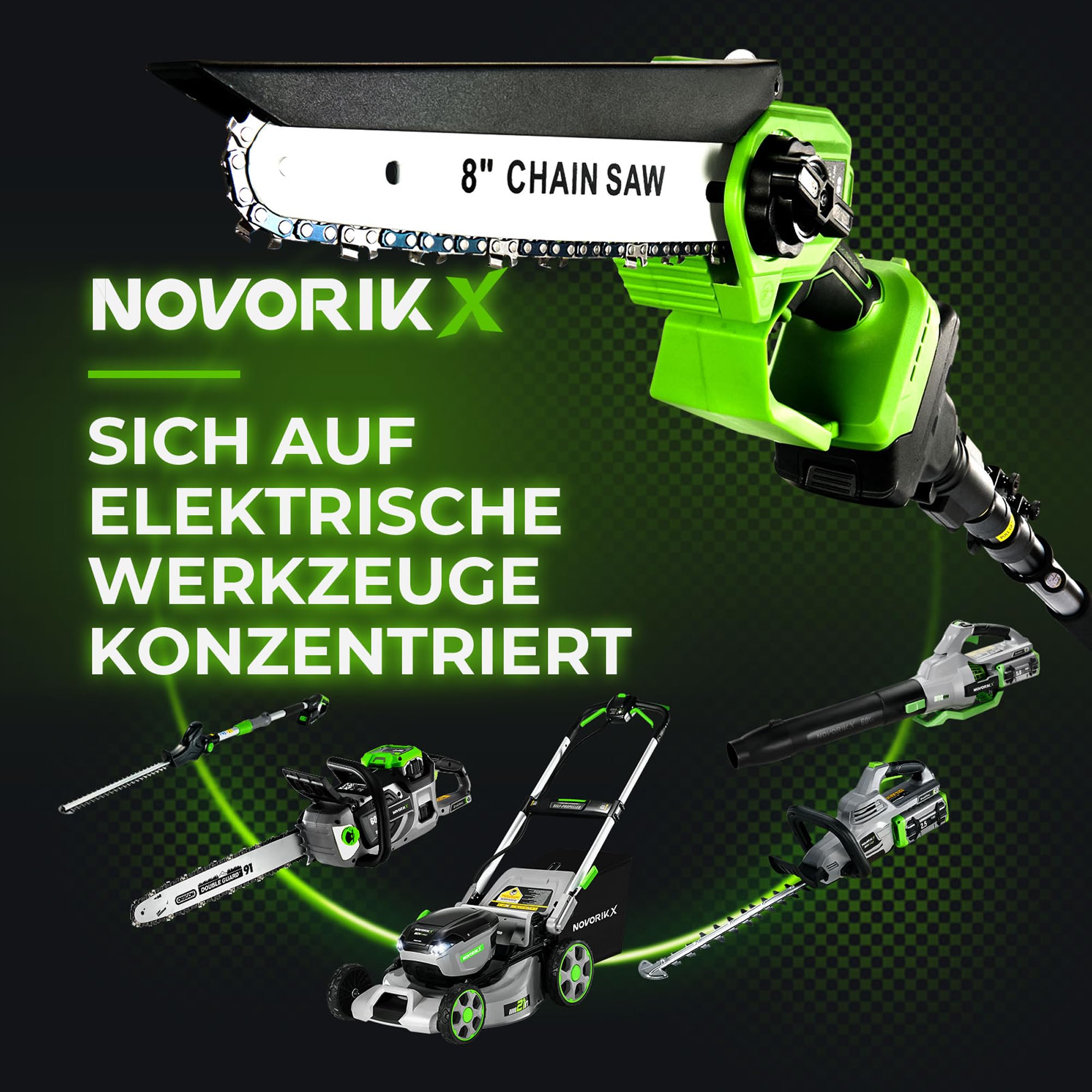 NovorikX 2-in-1 Akku Hochentaster & Kettensäge 20V - Bürstenloser Motor 8 Zoll Astsäge mit 3m Teleskopstiel, 3Ah Akku, Arbeitshöhe bis 4,57m, Teleskop-Kettensäge Set inkl. Schutzausrüstung