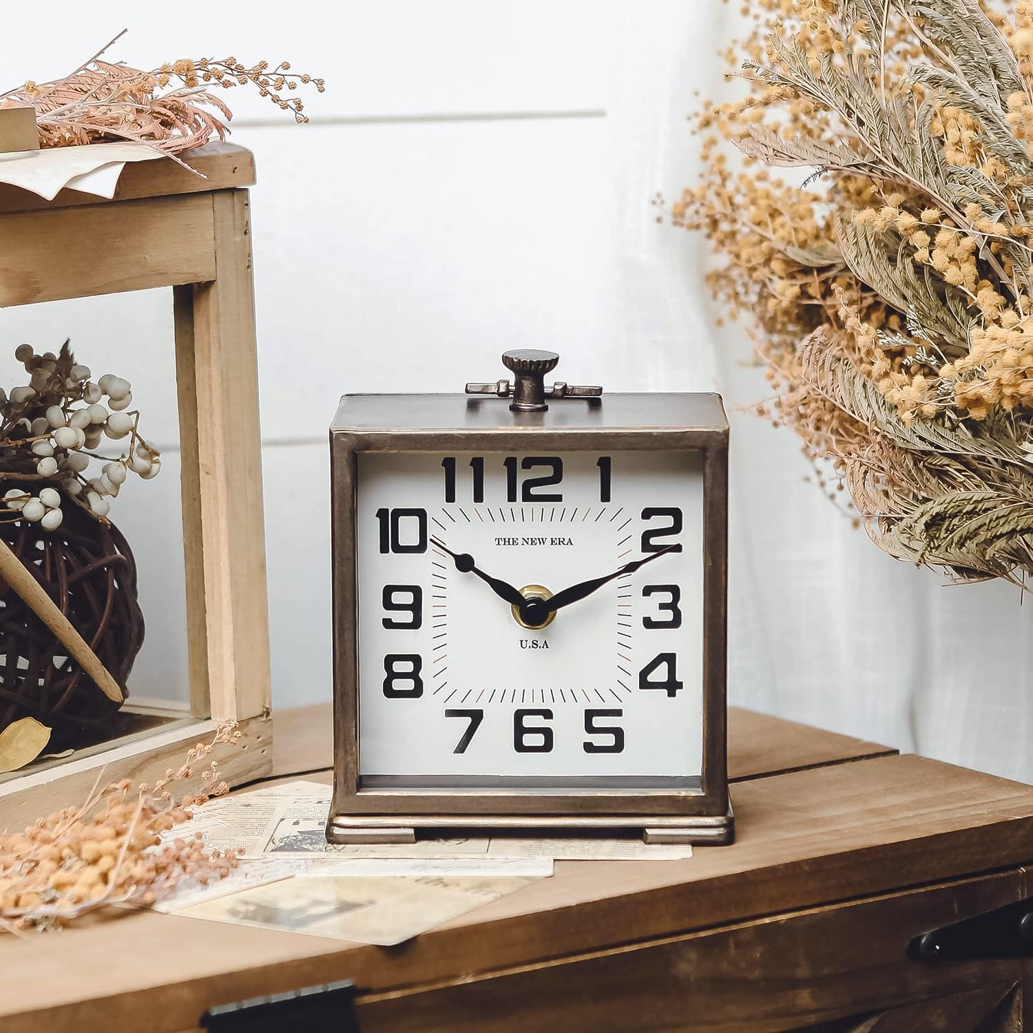 NIKKY HOME Vintage Silent Non-Ticking Table Clock, Shelf Desk Top Clock Battery Operated, Retro Home Decor for Living Room Mantel Desktop Countertop, Antique Brown