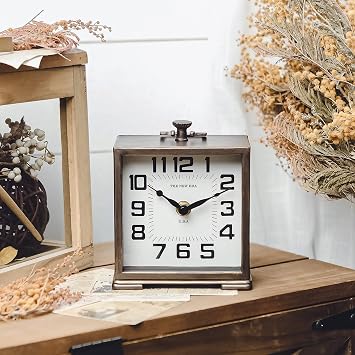 NIKKY HOME Vintage Silent Non-Ticking Table Clock, Shelf Desk Top Clock Battery Operated, Retro Home Decor for Living Room Mantel Desktop Countertop, Antique Brown