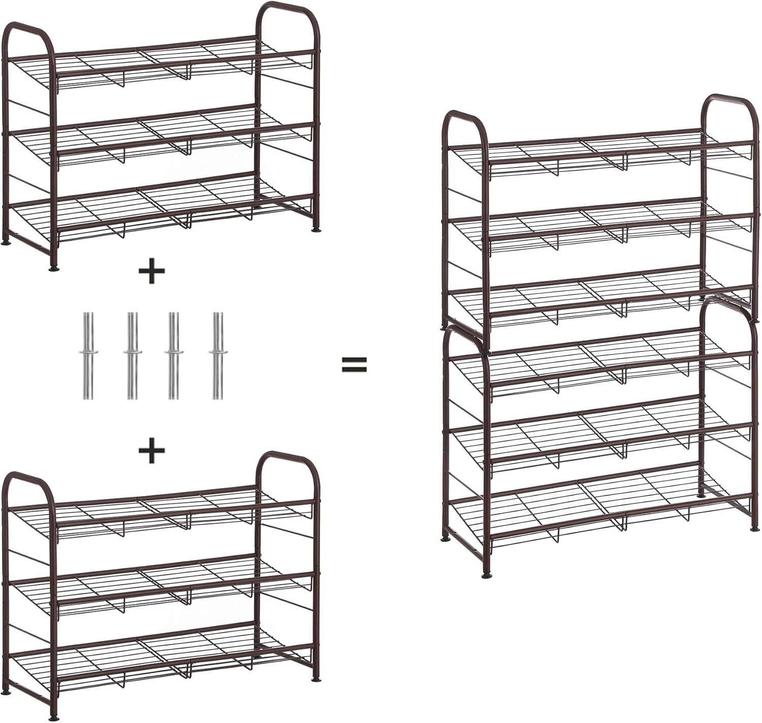 SONGMICS Shoe Rack, 3 Tier Shoe Organizer for Closet, Holds up to 12 Pairs of Shoes, Shoe Rack for Front Door Entrance, Metal Shoe Shelf with Adjustable Tilt Angle, for Entryway, Garage, Bronze