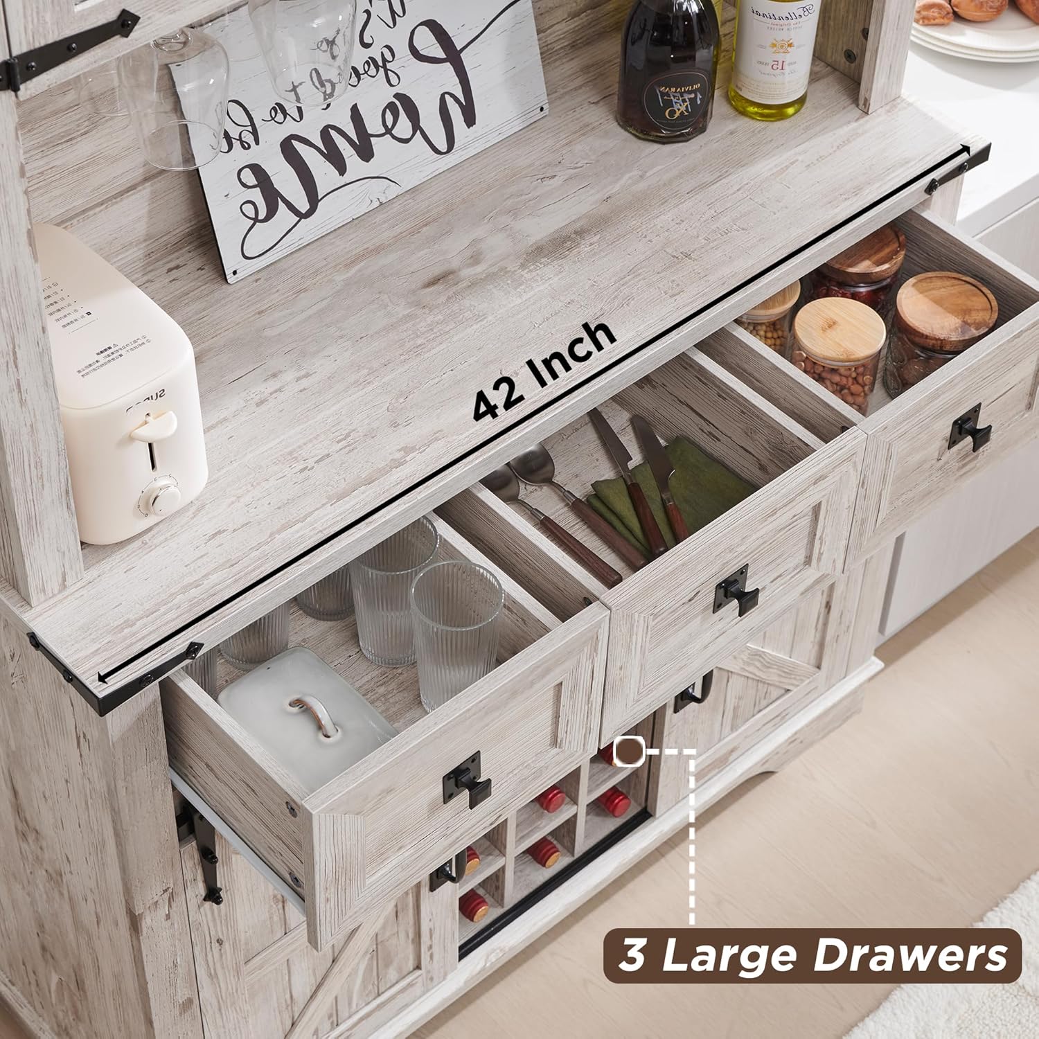 Open drawers and the spacious countertop of the OKD Farmhouse Bar Cabinet