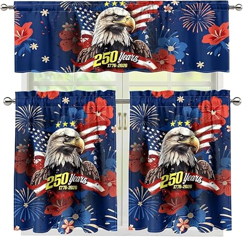 Miniatura 29 de Juego de 250 cortinas de cocina con bandera estadounidense para ventanas, fácil de instalar, cortinas cortas de 24 pulgadas con bolsillo para barra