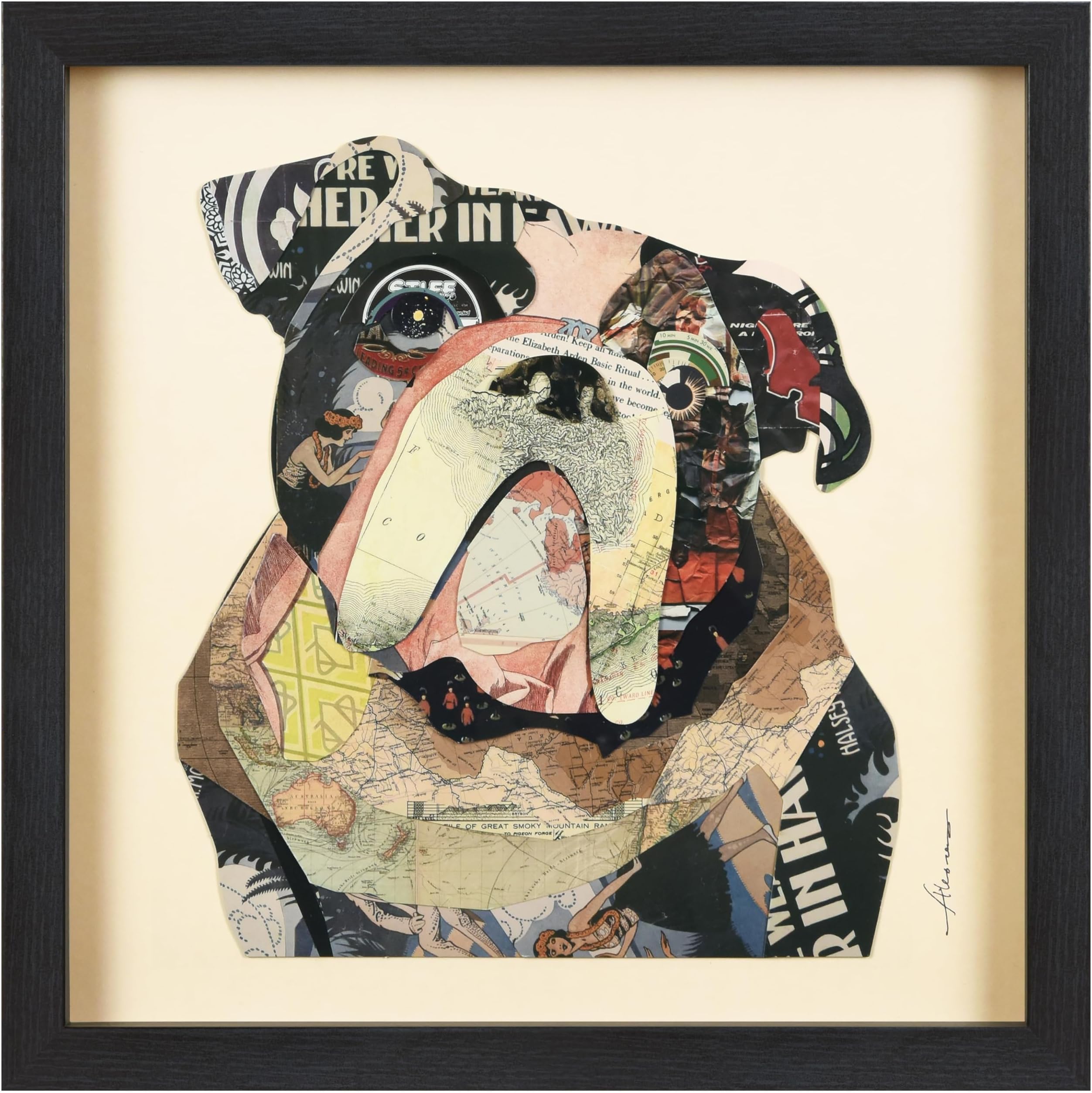 English Bulldog Dimensional Art Collage Hand Signed by Alex Zeng Framed Graphic Dog Wall Art, 17" x 17" x 1.4", Ready to Hang