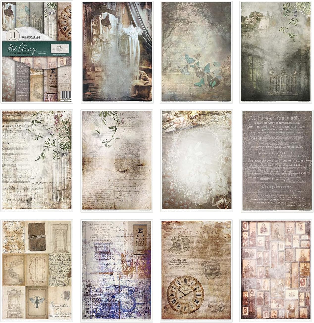 ITD Collection - Rice Paper Creative Set A4 Decoupage Rice Paper Sheet 29.7 x 21 cm Multi-Coloured (Old Diary Ephemeral Moments, RP032)