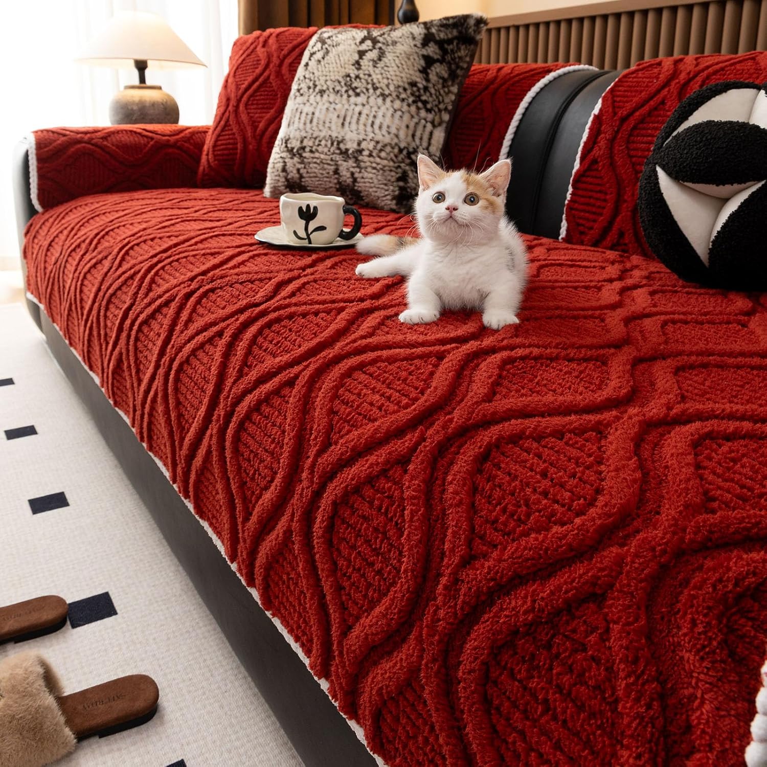 vctops Boho Fuzzy Couch Cover for Dogs Washable, Geometric Jacquard Pet Couch Covers for 3 Cushion Sofa Pet Friendly, Non Slip Sofa Cover (Red,36"x82")