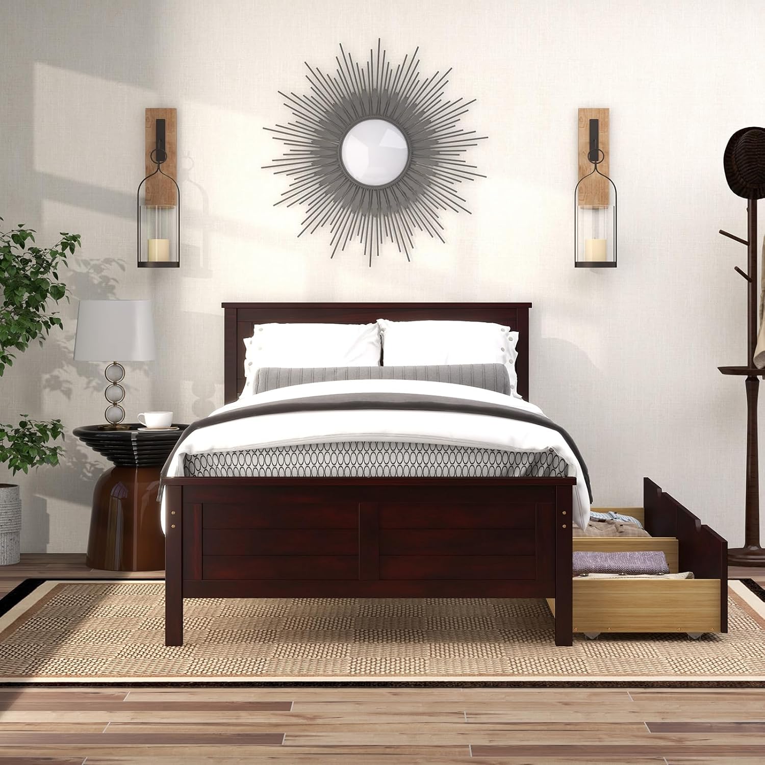 Full Size Bed Frame with 2 Drawers, Platform Bed with Solid Wood