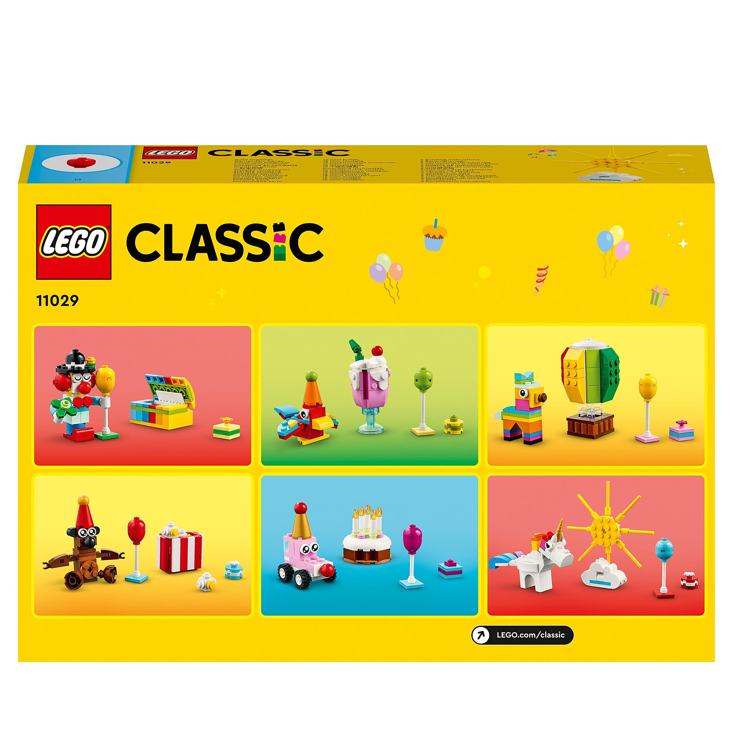 LEGO 11029 Classic Party Kreativ-Bauset Bausteine-Box, Familienspiele zum gemeinsamen Spielen, enthält 12 Mini-Bausteine: Teddybär, Clown, Einhorn, Spaß für alle ab 5 Jahren